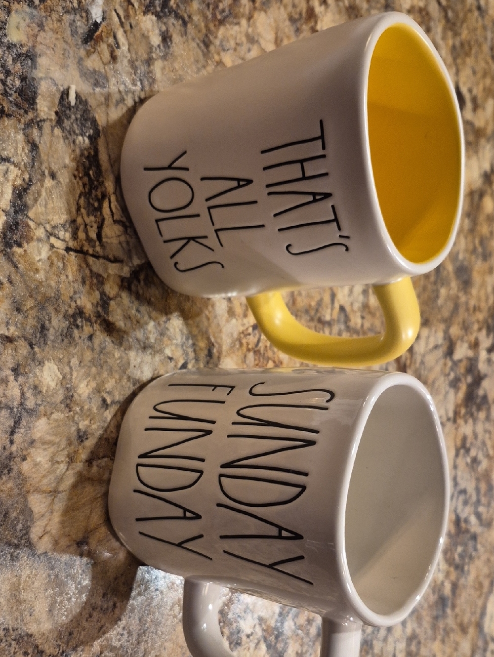 2 Rae Dunn Mugs Yellow-Accented 'That's All Yolks' Ceramic Mug Sunday FUNDAY